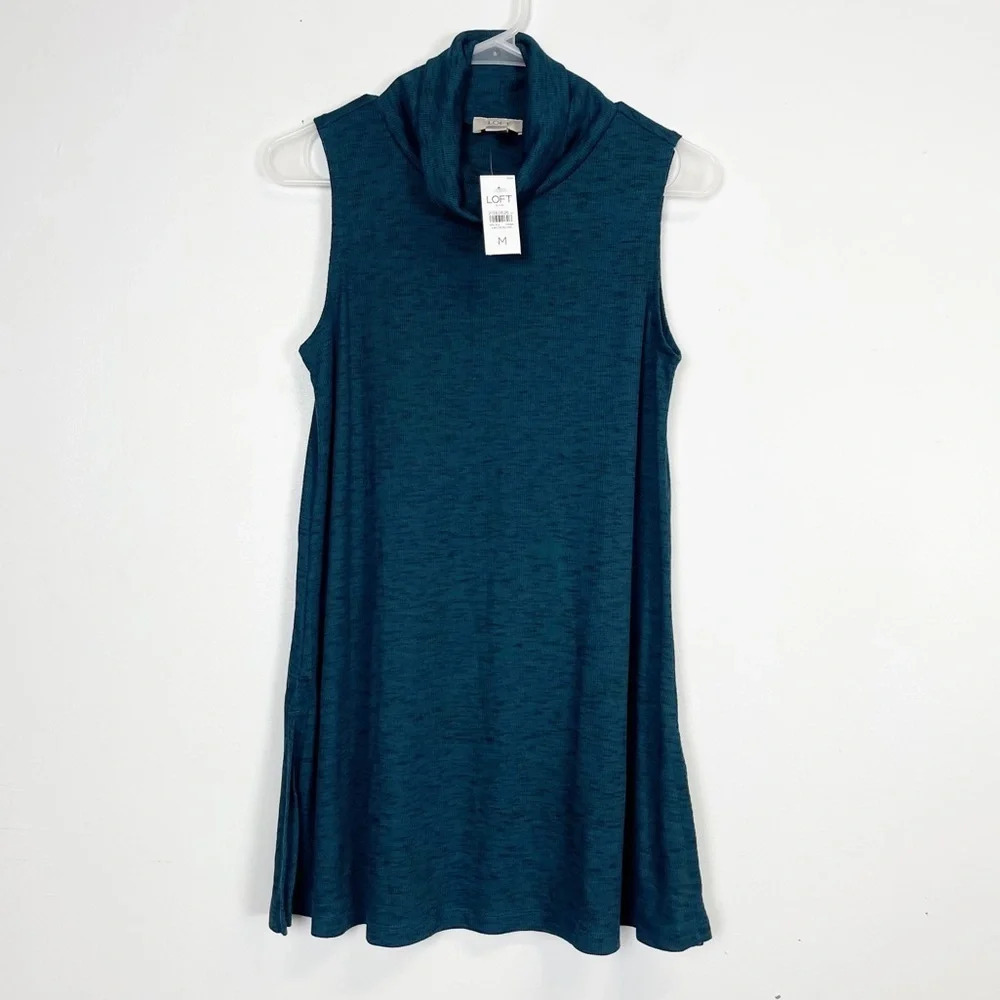 Loft Sweater Womens Size Medium Dark Teal Black Sleeveless Ribbed Turtleneck